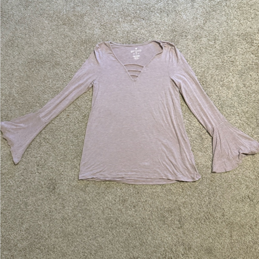 American Eagle Outfitters Pink Striped Bell Sleeve Blouse